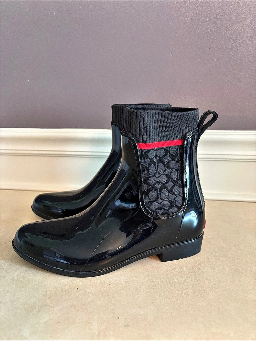 Coach G5255 Rain Bootie Women's Rain Boots Black & Red US 8